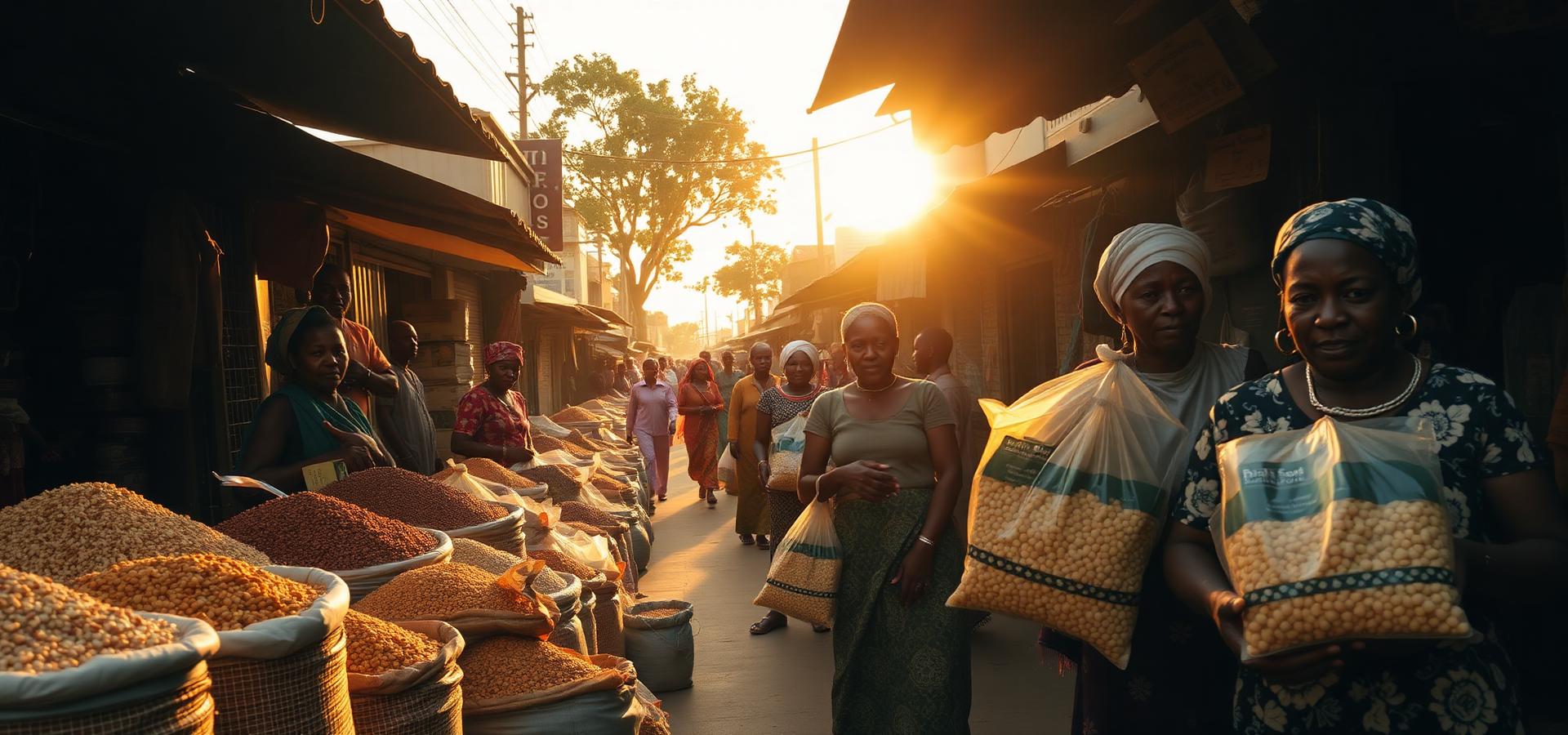 Marché ouest-africain au lever du jour : des femmes vendent des céréales triées et des sachets de fruits séchés