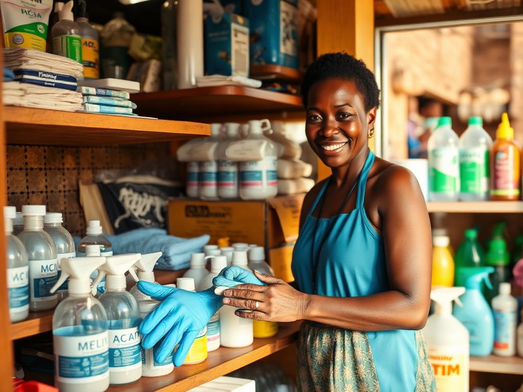 Commerçante rangeant un kit d'hygiène dans sa boutique
