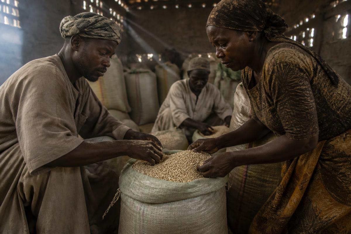 Villageois triant du grain dans un magasin de stockage — programme GRENIER