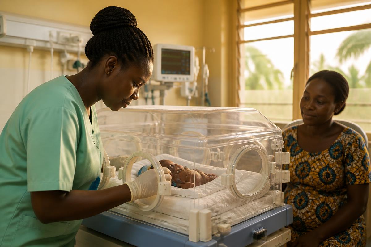 Infirmière africaine soignant un bébé prématuré dans une couveuse, mère assise à côté