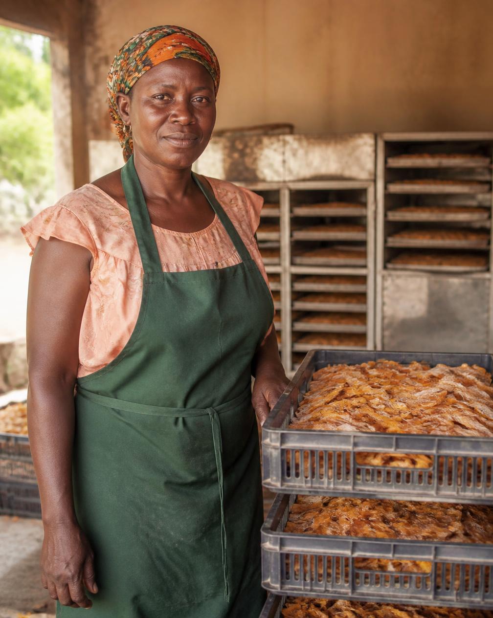 Une entrepreneuse ivoirienne dans son atelier de transformation de mangues séchées